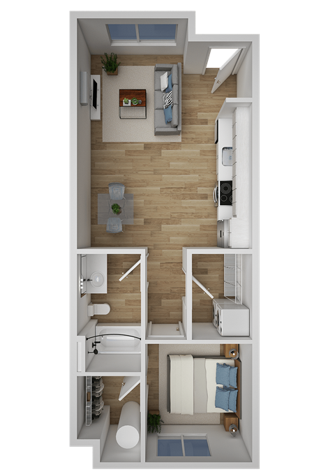 A top-down view of a one bedroom apartment with a kitchen, living room, and bathroom.